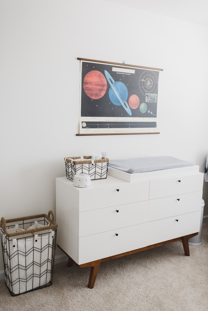 West Elm Dresser and Changing topper, with a vintage planets poster. Space theme nursery decor.